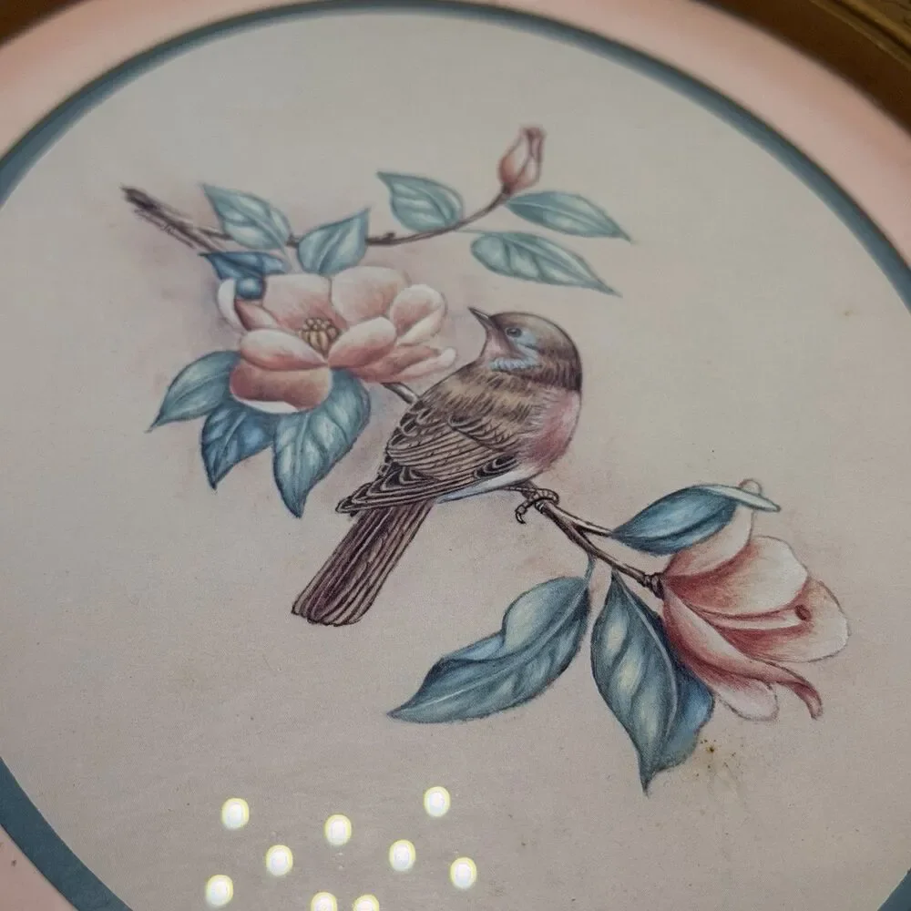 1983 HOMCO Kay Lamb Shannon Bird Magnolia Print Gold Oval Vintage Frame #3254